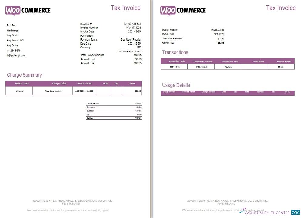 Download Ireland WooCommerce tax invoice Photoshop template